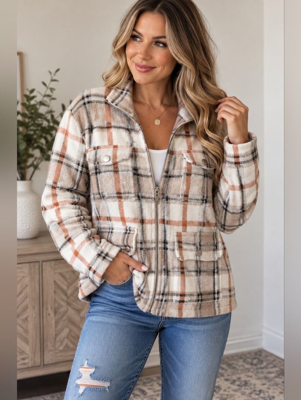 Rachel Zoe Plaid Zip Front Sweater Jacket Shacket Women’s XL Cream Rust